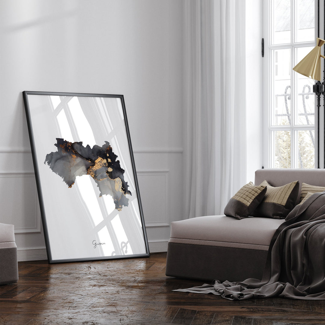Guinea Map Black & Gold Wall Art Print [EV]