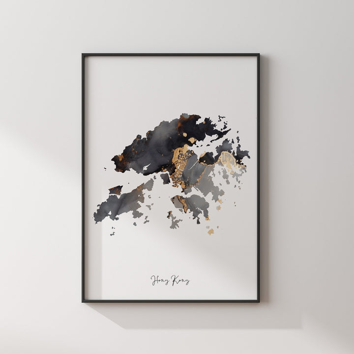 Hong Kong Map Black & Gold Wall Art Print [EV]
