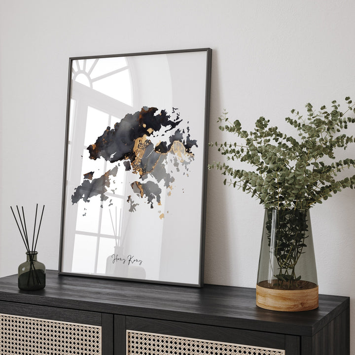 Hong Kong Map Black & Gold Wall Art Print [EV]