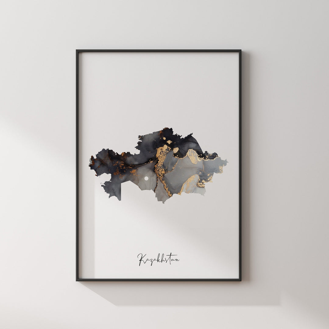 Kazakhstan Map Black & Gold Wall Art Print [EV]