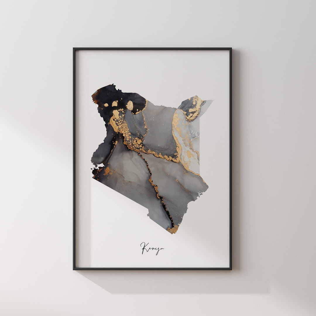 Kenya Map Black & Gold Wall Art Print [EV]