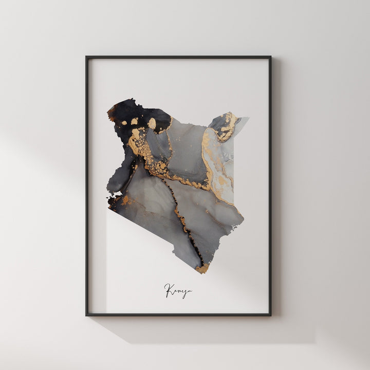 Kenya Map Black & Gold Wall Art Print [EV]