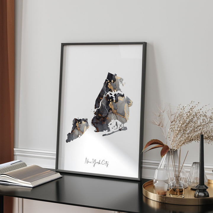 New York City Map Black & Gold Wall Art Print | USA | United States of America [EV]