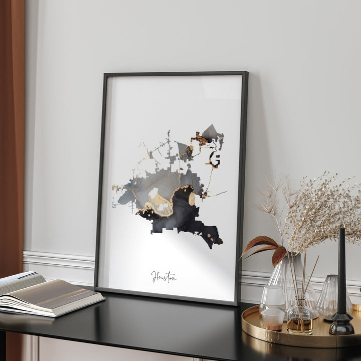Houston Map Black & Gold Wall Art Print | Texas | USA | United States of America [EV]