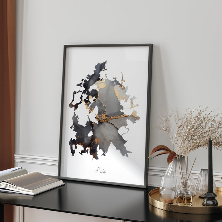Austin Map Black & Gold Wall Art Print | Texas | USA | United States of America [EV]