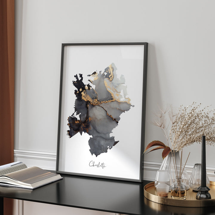 Charlotte Map Black & Gold Wall Art Print | North Carolina | USA | United States of America [EV]
