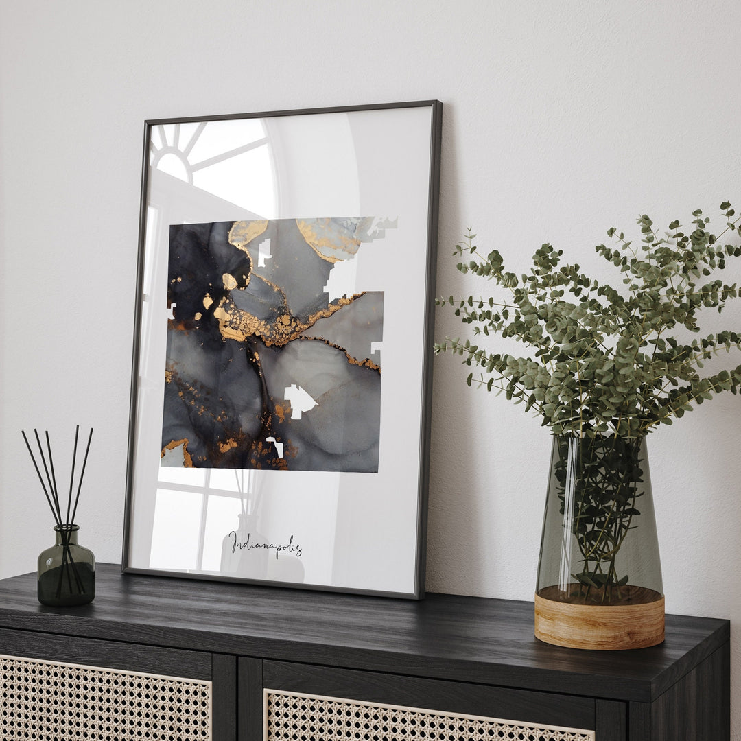 Indianapolis Map Black & Gold Wall Art Print | Indiana | USA | United States of America [EV]