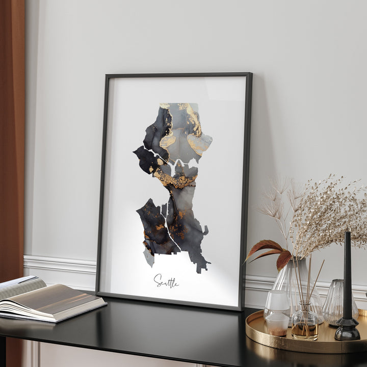 Seattle Map Black & Gold Wall Art Print | Washington | USA | United States of America [EV]