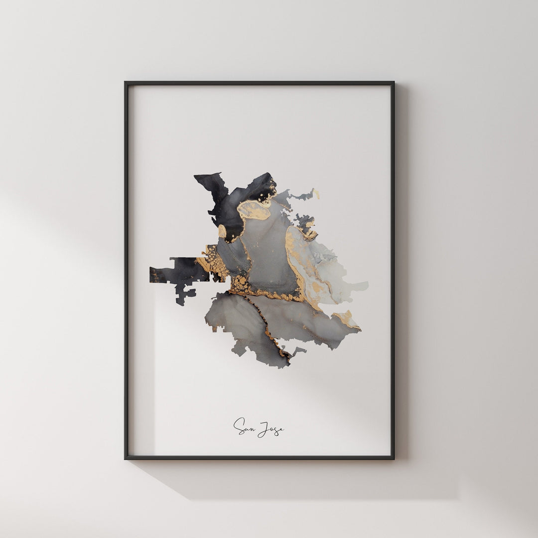 San Jose Map Black & Gold Wall Art Print | California | USA | United States of America [EV]