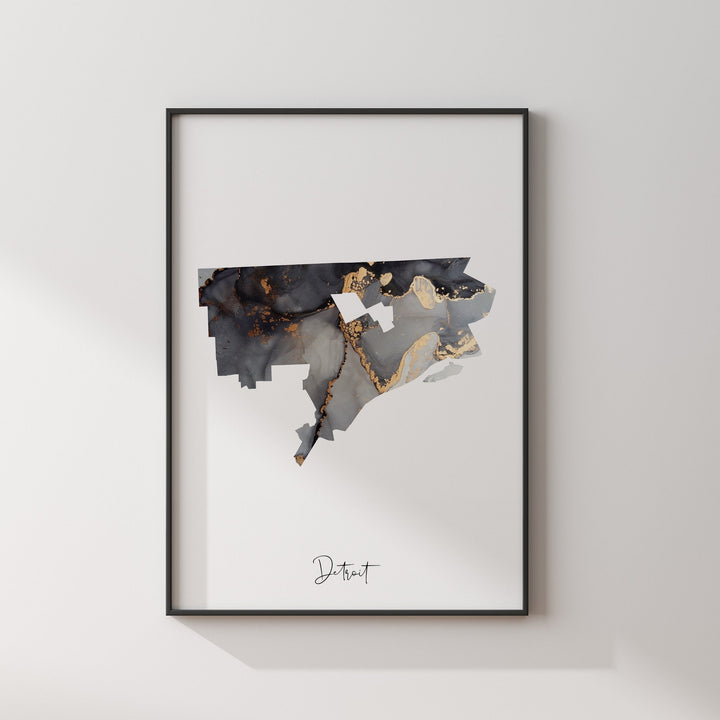 Detroit Map Black & Gold Wall Art Print | Michigan | USA | United States of America [EV]