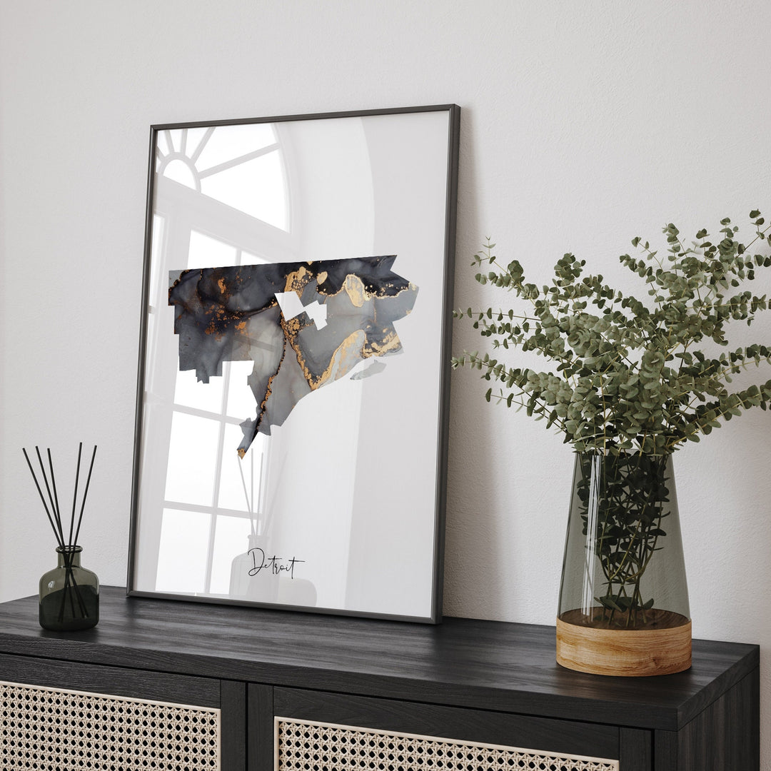 Detroit Map Black & Gold Wall Art Print | Michigan | USA | United States of America [EV]