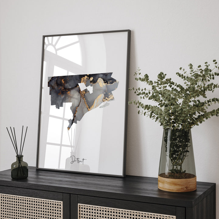 Detroit Map Black & Gold Wall Art Print | Michigan | USA | United States of America [EV]