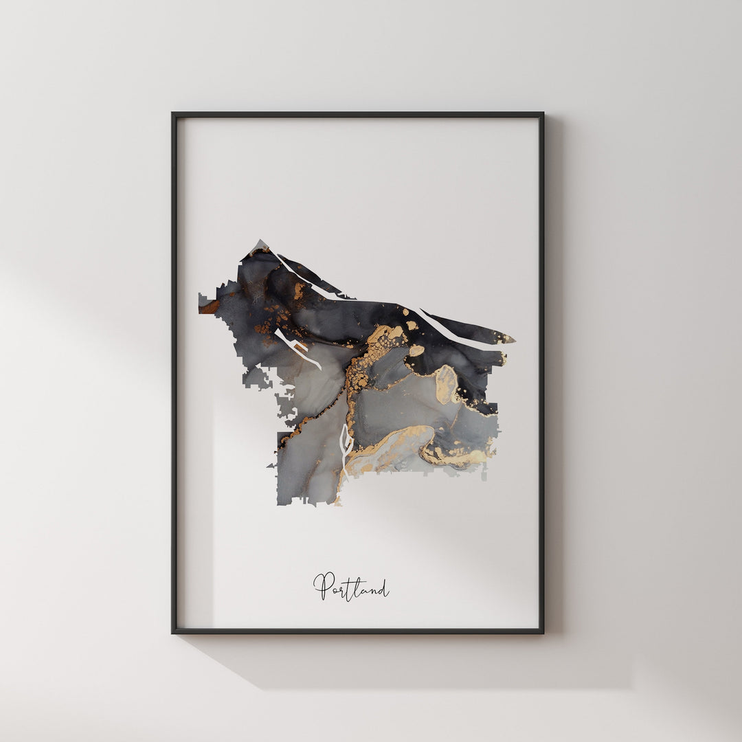 Portland Map Black & Gold Wall Art Print | Oregon | USA | United States of America [EV]