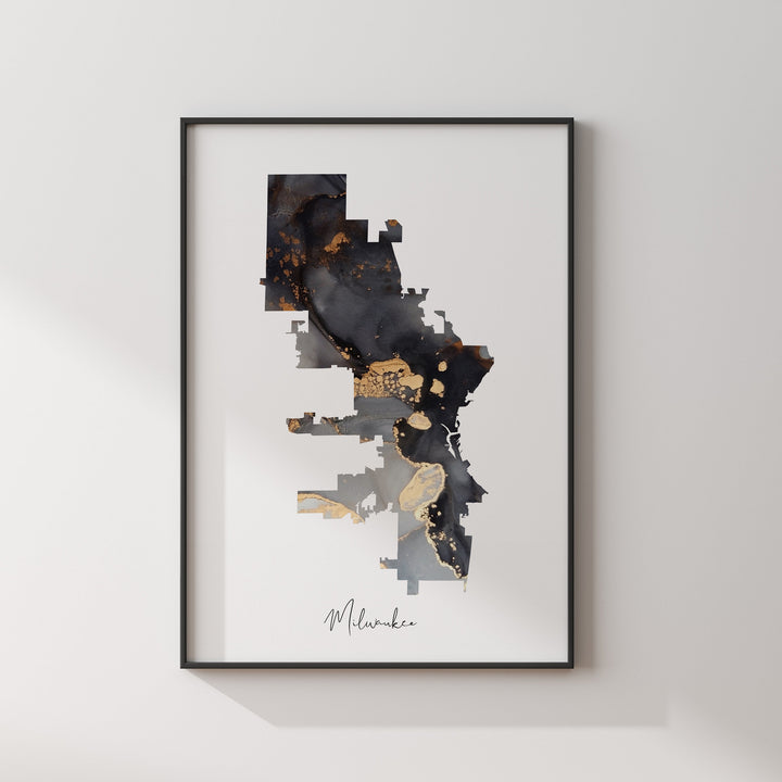 Milwaukee Map Black & Gold Wall Art Print | Wisconsin | USA | United States of America [EV]