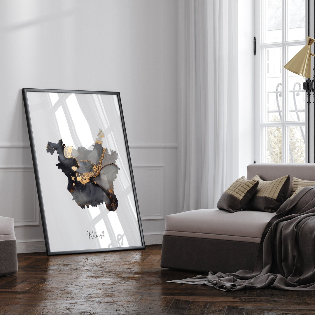 Raleigh Map Black & Gold Wall Art Print | North Carolina | USA | United States of America [EV]