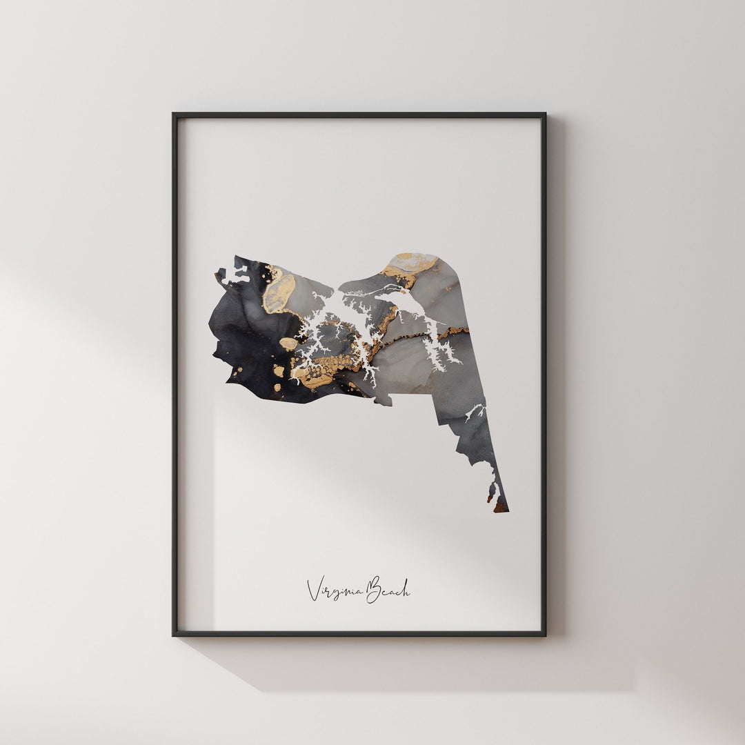 Virginia Beach Map Black & Gold Wall Art Print | Virginia | USA | United States of America [EV]
