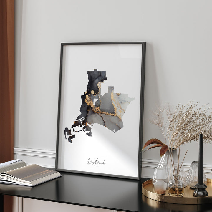 Long Beach Map Black & Gold Wall Art Print | California | USA | United States of America [EV]