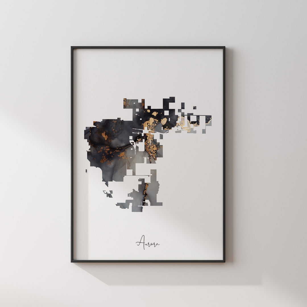 Aurora Map Black & Gold Wall Art Print | Colorado | USA | United States of America [EV]