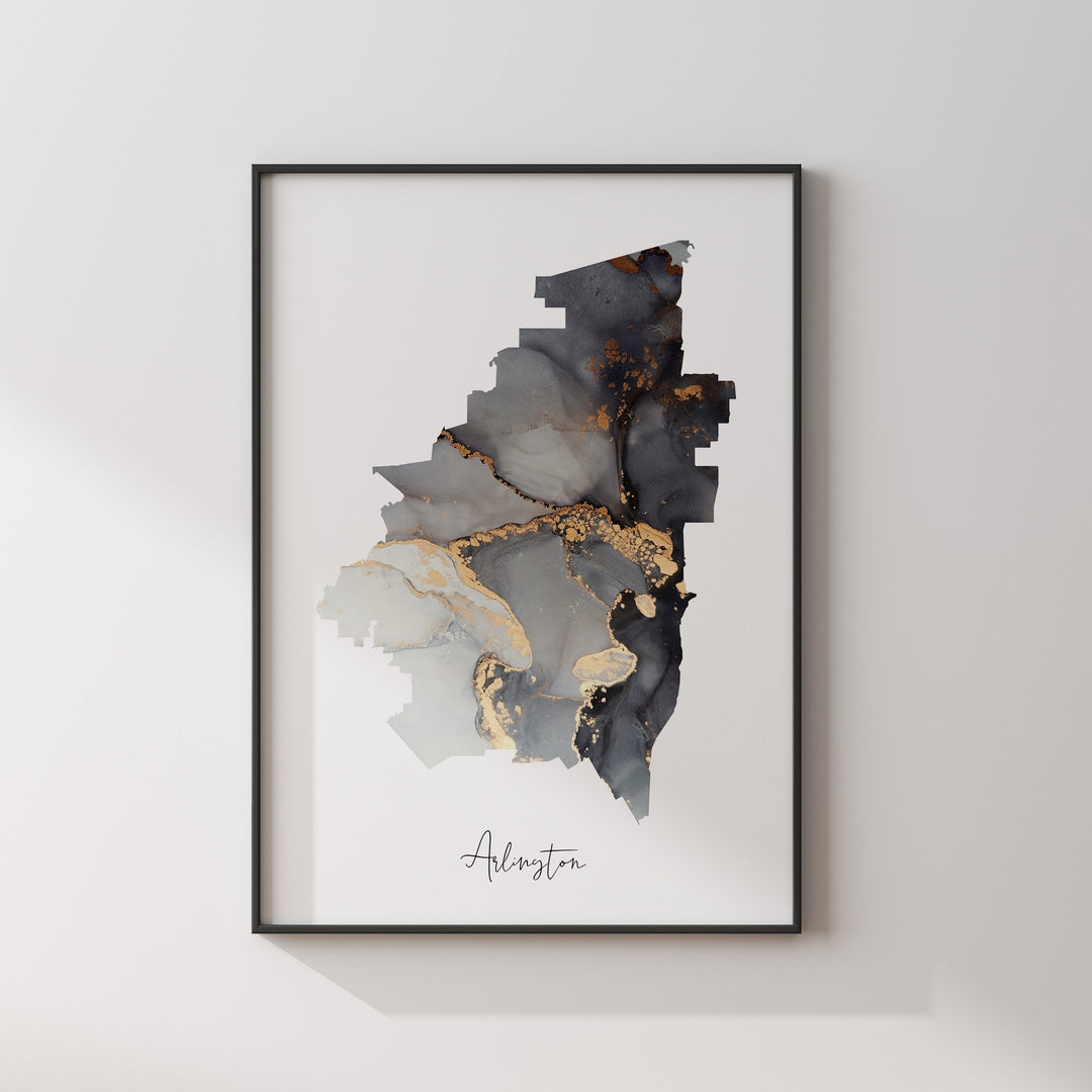 Arlington Map Black & Gold Wall Art Print | Texas | USA | United States of America [EV]
