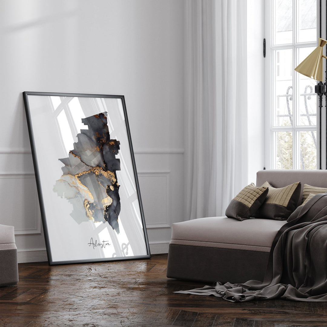 Arlington Map Black & Gold Wall Art Print | Texas | USA | United States of America [EV]