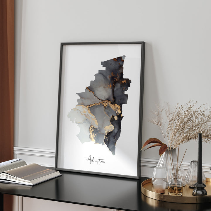 Arlington Map Black & Gold Wall Art Print | Texas | USA | United States of America [EV]