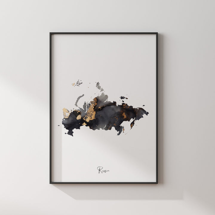 Russia Map Black & Gold Wall Art Print [EV]