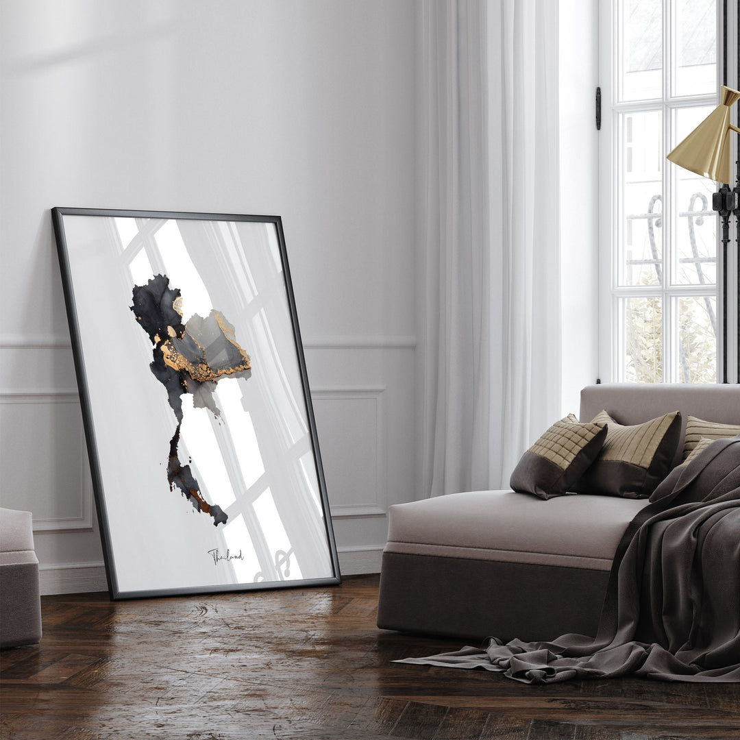 Thailand Map Black & Gold Wall Art Print [EV]