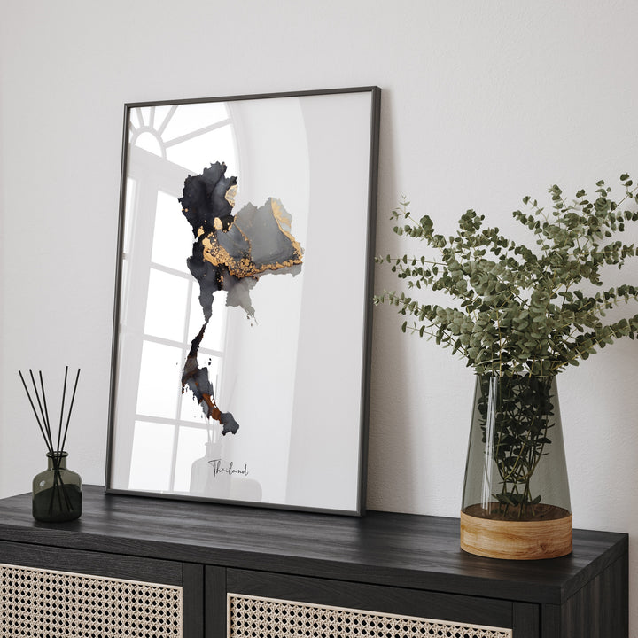 Thailand Map Black & Gold Wall Art Print [EV]
