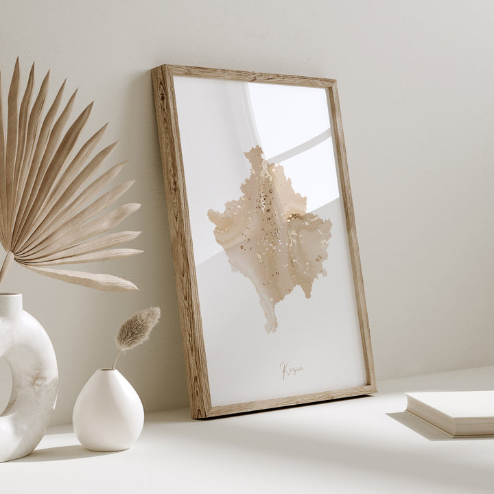 Kosovo Map Beige & Gold Wall Art Print [EV]