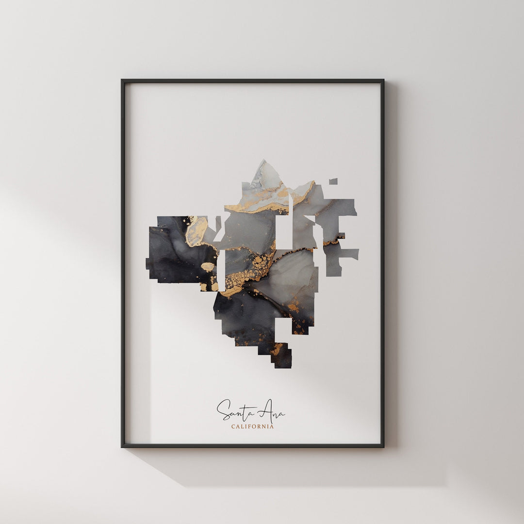 Santa Ana Map Black & Gold Wall Art Print | California | USA | United States of America [EV]