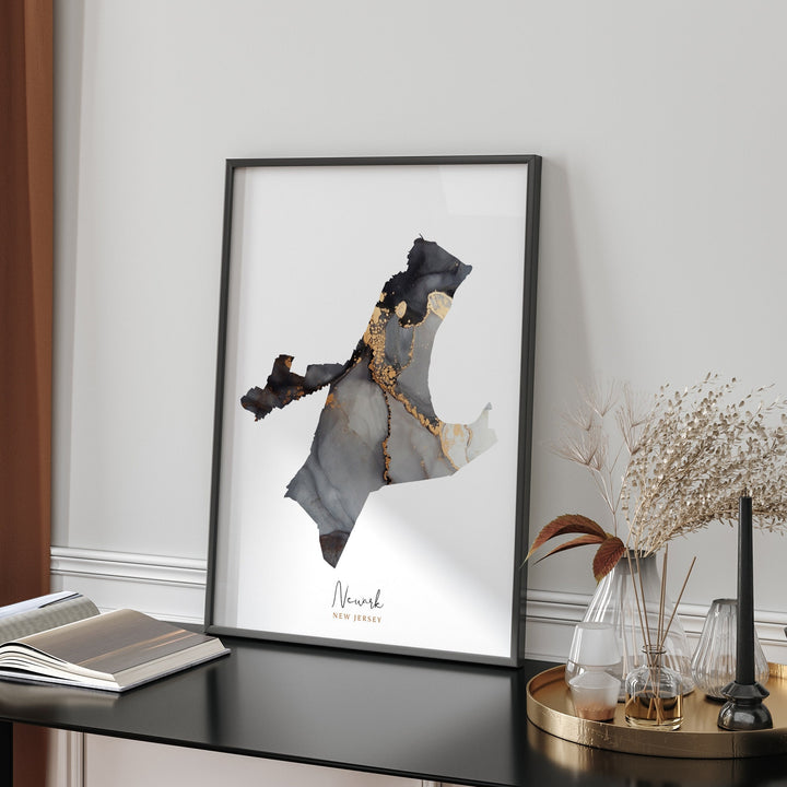 Newark Map Black & Gold Wall Art Print | New Jersey | USA | United States of America [EV]