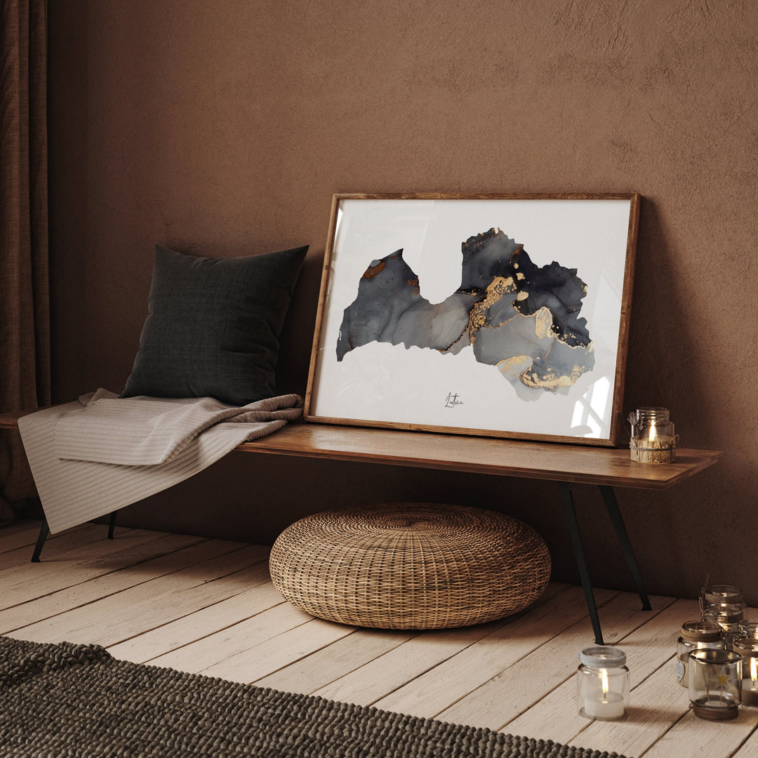 Latvia Map Black & Gold Wall Art Print [EV]