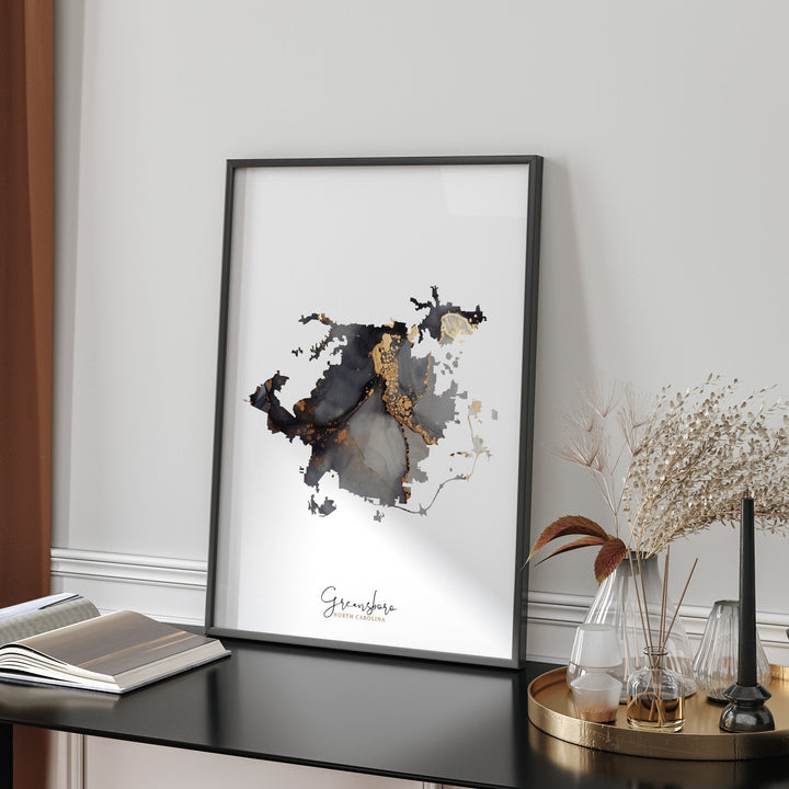 Greensboro Map Black & Gold Wall Art Print | North Carolina | USA | United States of America [EV]