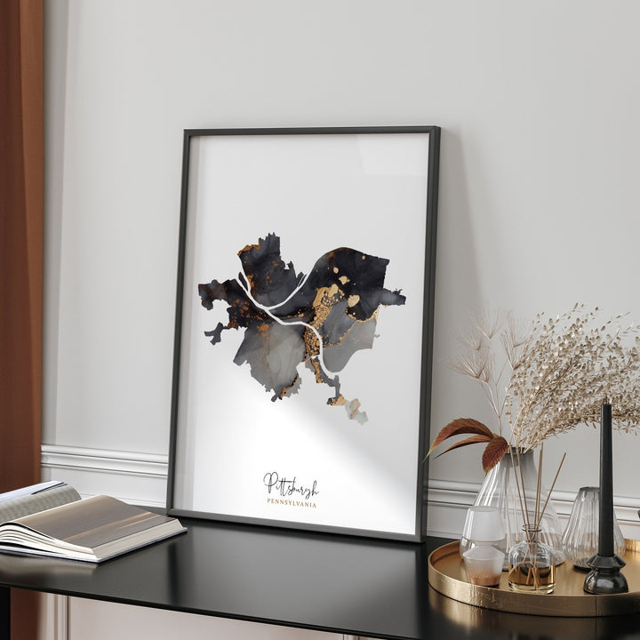 Pittsburgh Map Black & Gold Wall Art Print | Pennsylvania | USA | United States of America [EV]