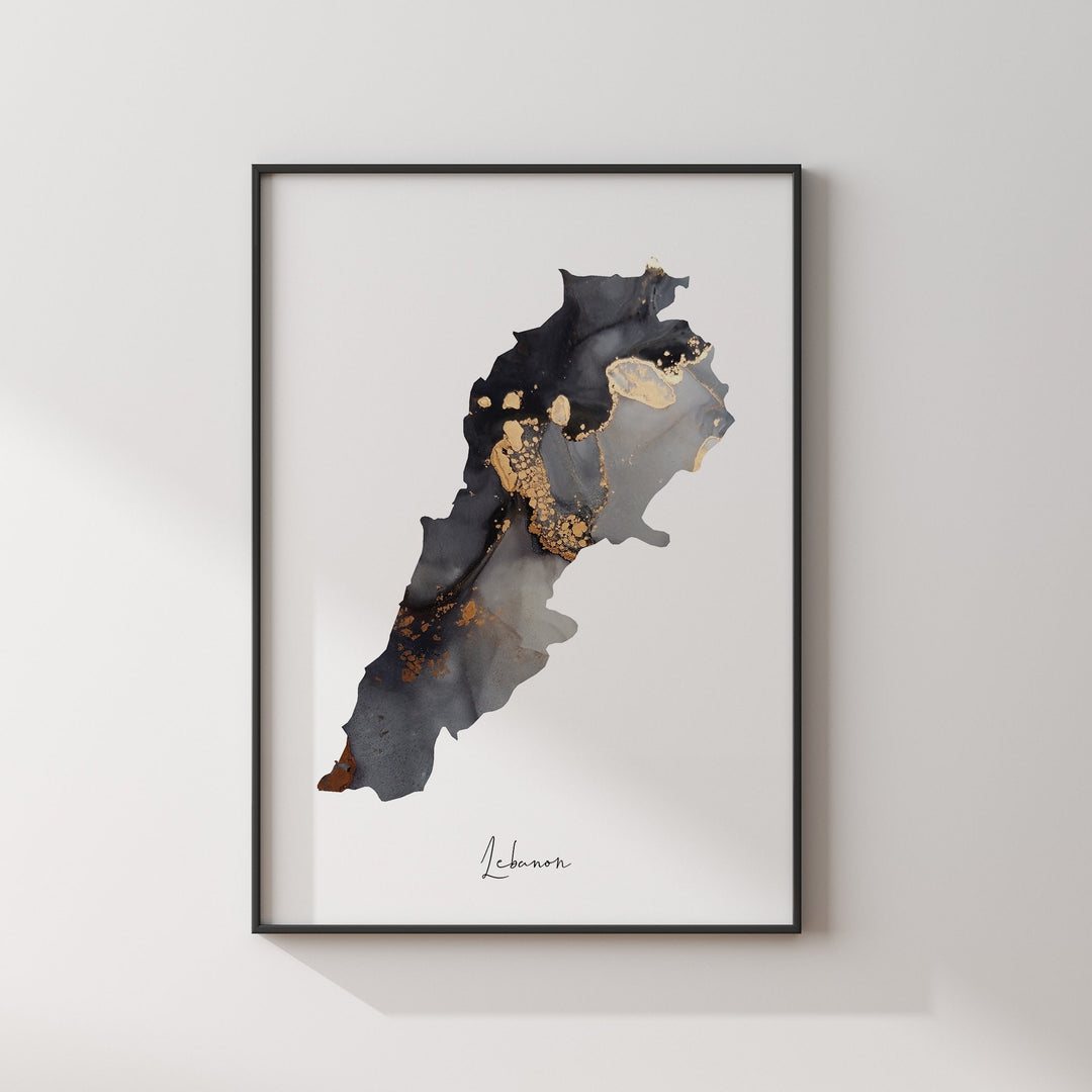 Lebanon Map Black & Gold Wall Art Print [EV]