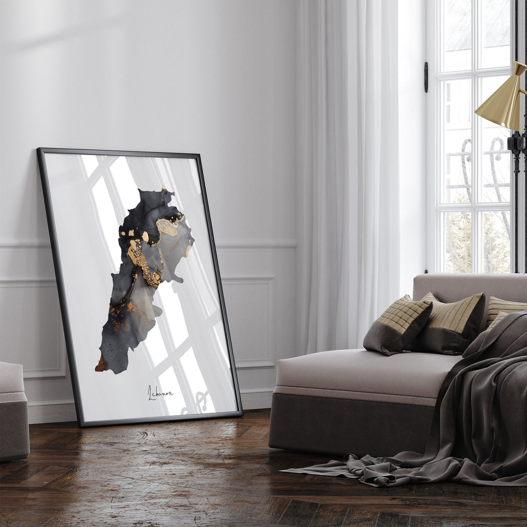 Lebanon Map Black & Gold Wall Art Print [EV]