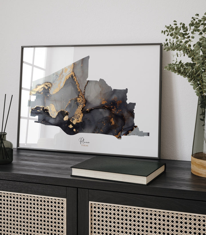 Plano Map Black & Gold Wall Art Print | Texas | USA | United States of America [EV]
