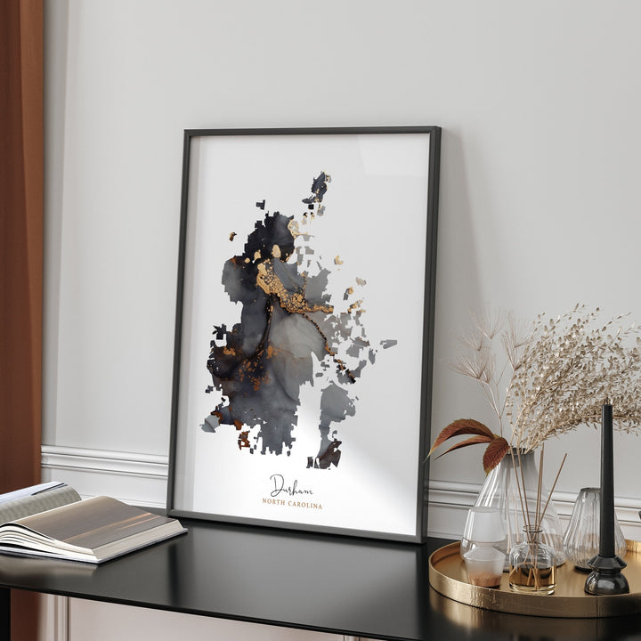 Durham Map Black & Gold Wall Art Print | North Carolina | USA | United States of America [EV]