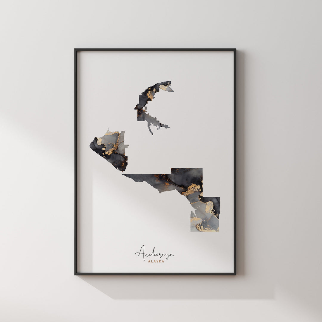 Anchorage Map Black & Gold Wall Art Print | Alaska | USA | United States of America [EV]