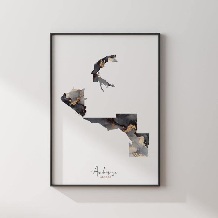 Anchorage Map Black & Gold Wall Art Print | Alaska | USA | United States of America [EV]