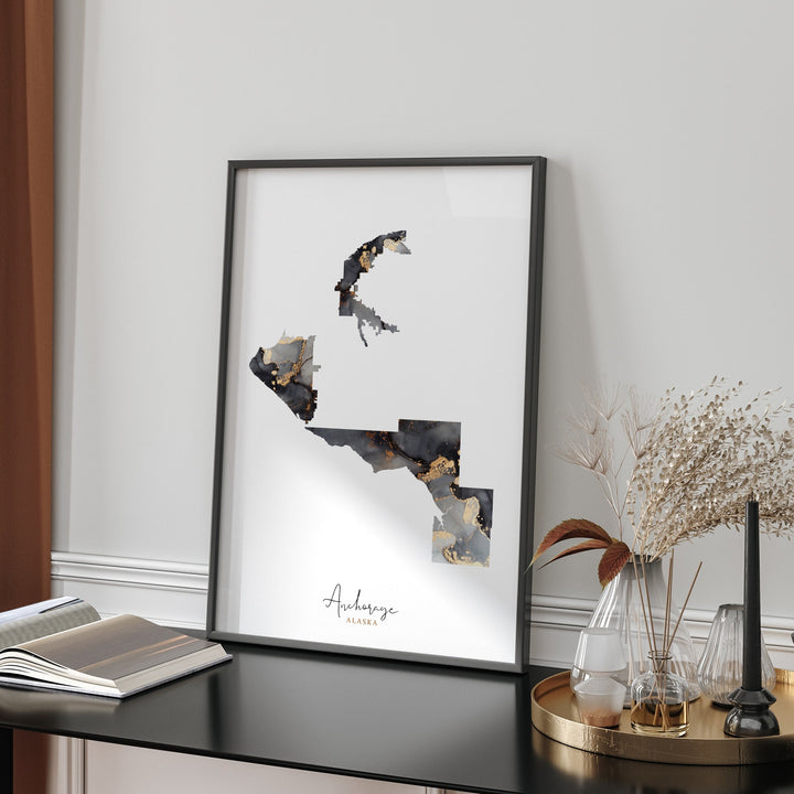 Anchorage Map Black & Gold Wall Art Print | Alaska | USA | United States of America [EV]