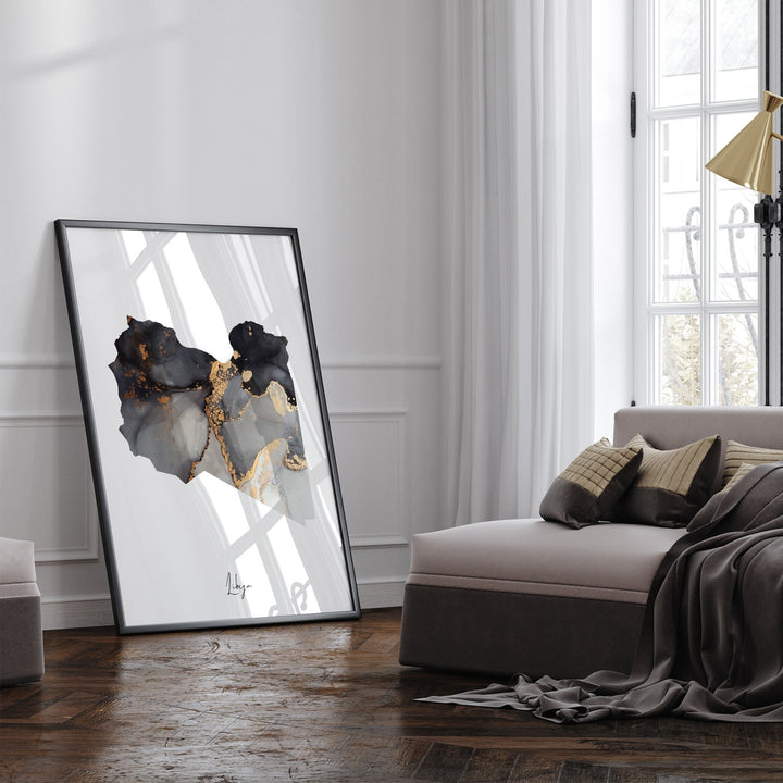 Libya Map Black & Gold Wall Art Print [EV]