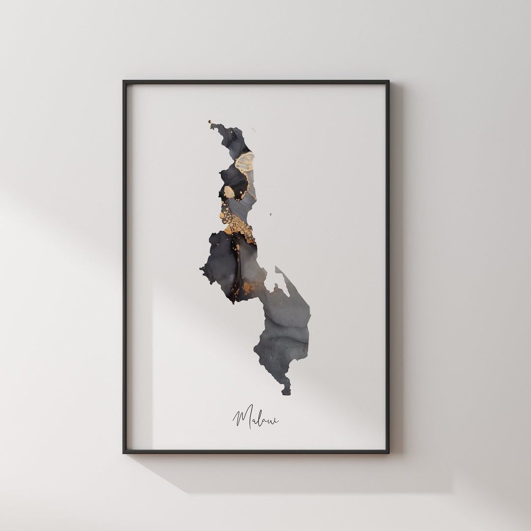 Malawi Map Black & Gold Wall Art Print [EV]