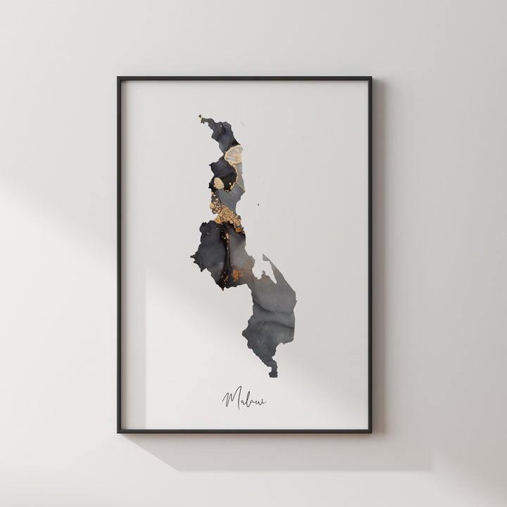 Malawi Map Black & Gold Wall Art Print [EV]