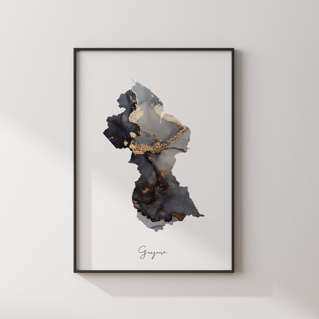Guyana Map Black & Gold Wall Art Print [EV]