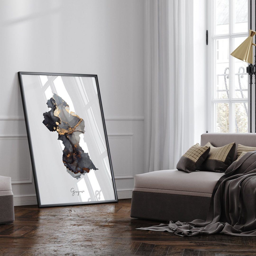 Guyana Map Black & Gold Wall Art Print [EV]