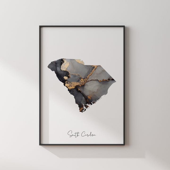 South Carolina Map Black & Gold Wall Art Print US State | USA | United States of America [EV]