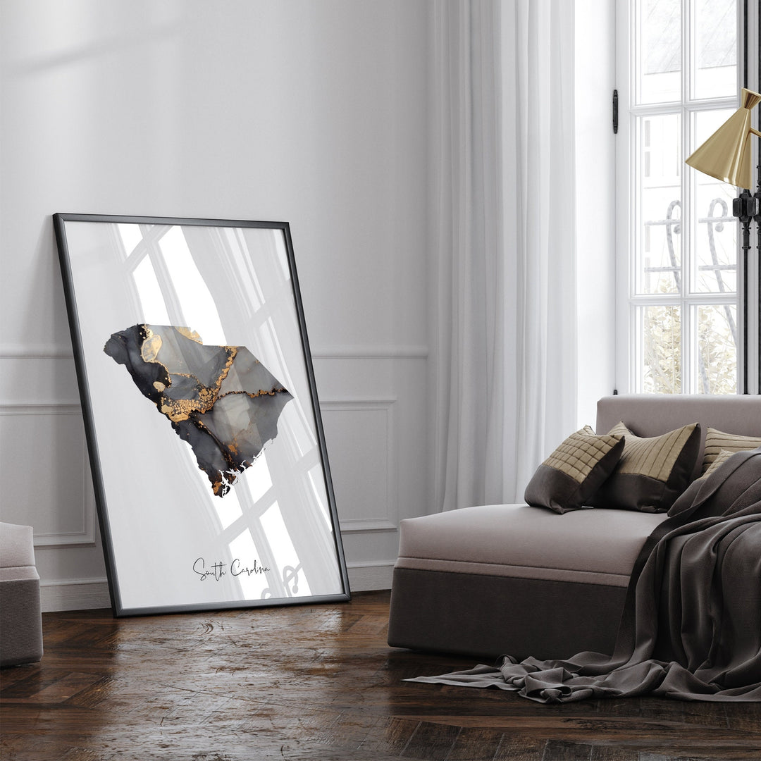 South Carolina Map Black & Gold Wall Art Print US State | USA | United States of America [EV]