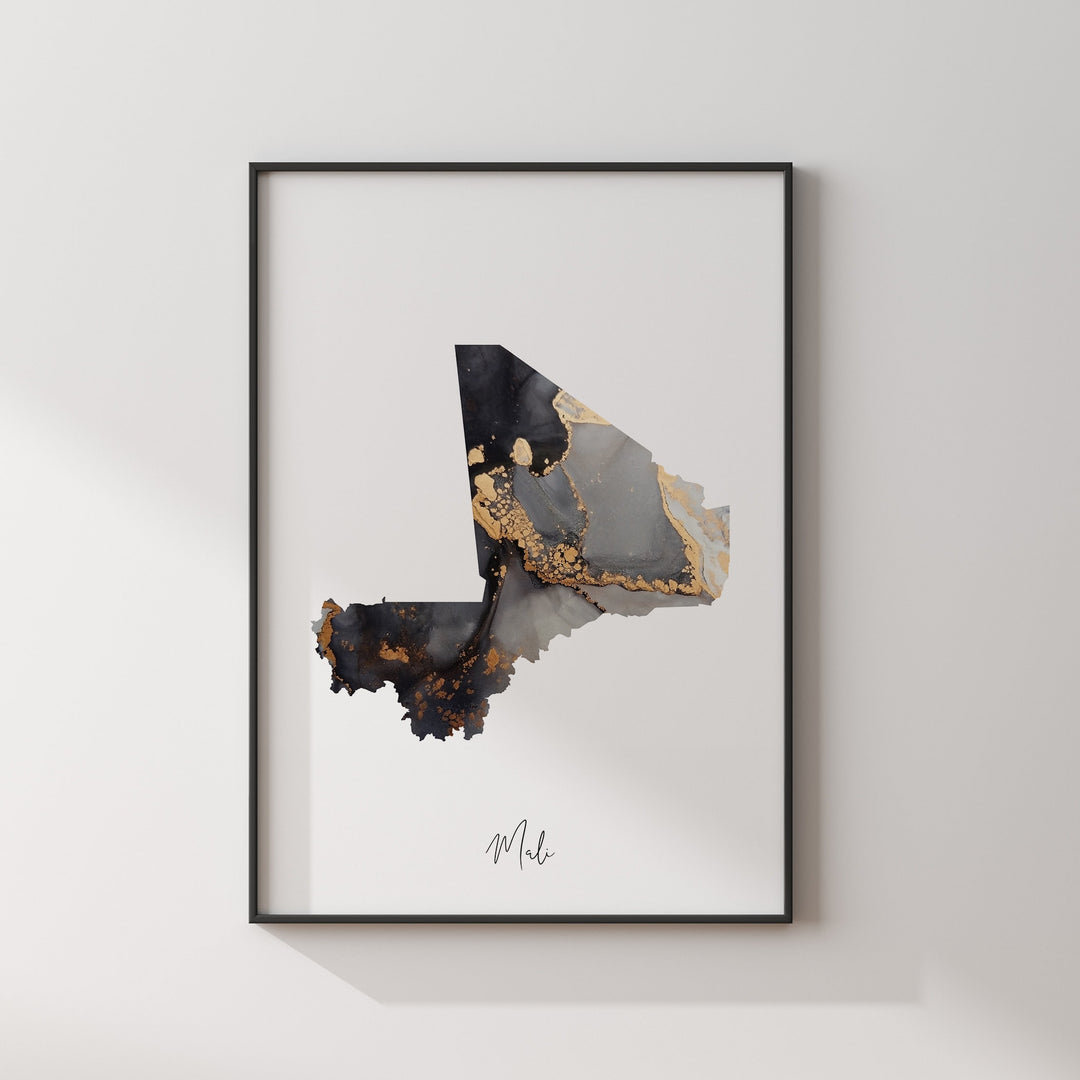 Mali Map Black & Gold Wall Art Print [EV]