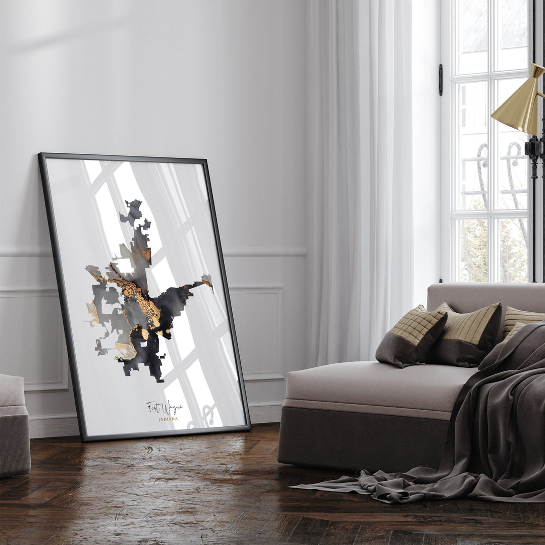Fort Wayne Map Black & Gold Wall Art Print | Indiana | USA | United States of America [EV]